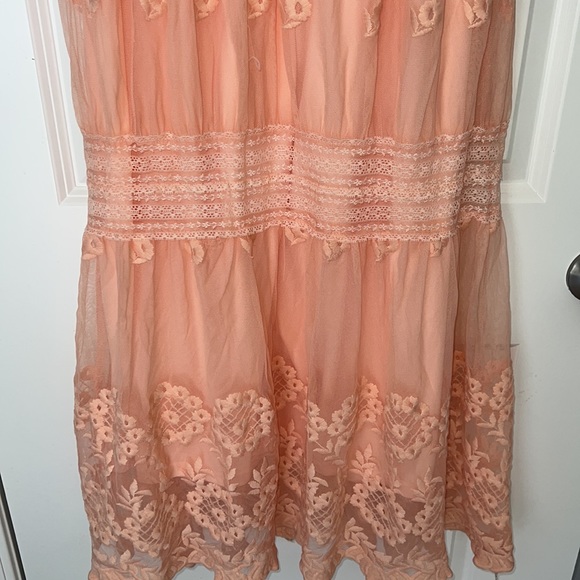 Peach prairie dress vintage lace style off the shoulder floral design small med - Picture 7 of 15